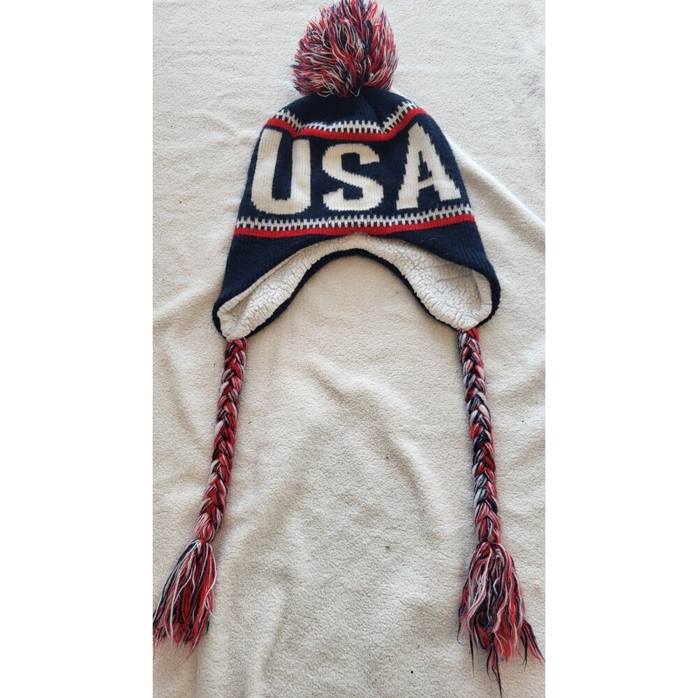 American Crown USA Knit Trapper Hat Pennsylvania Pom Ear Flap Tassel One Size